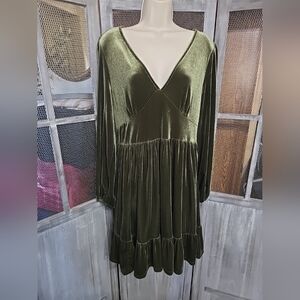 Knee High Velvet Dress in Olive Green, Sz Xl